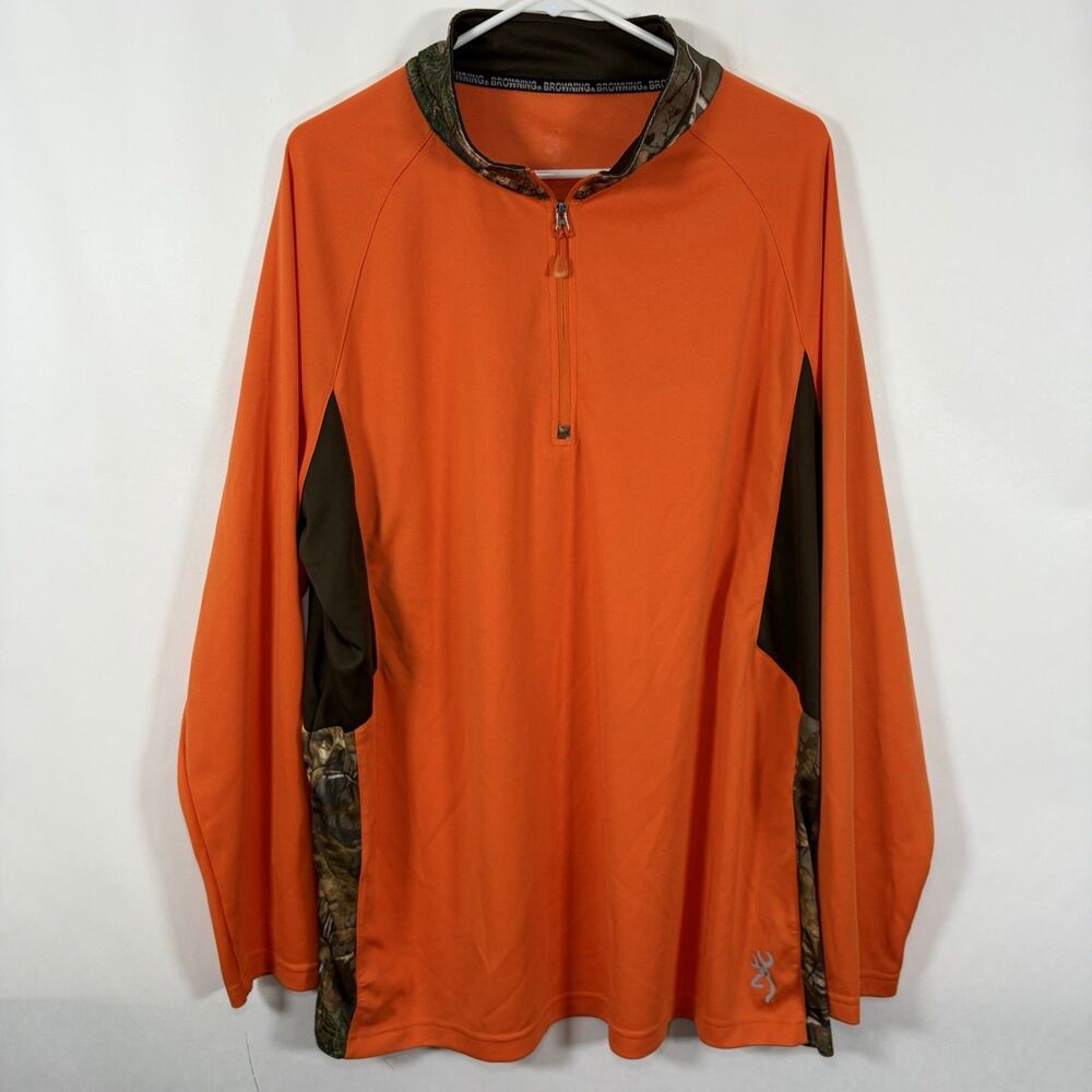 Browning 1/4 Zip Pullover Mens Size XXL 2XL Orange Camo Accents Hunting Logo